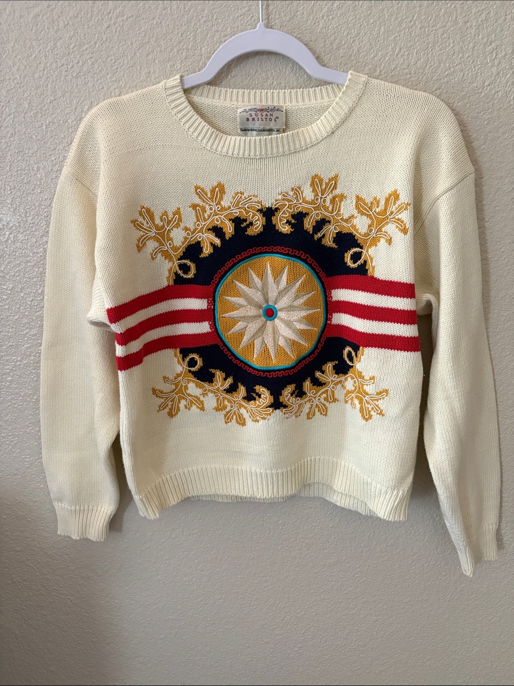 Vintage Susan Bristol Cream Crewneck Sweater with Red, Navy & Gold Medallion